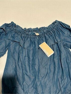 NWT Michaels Denim Blue Off-Shoulder Ruffle Top $88